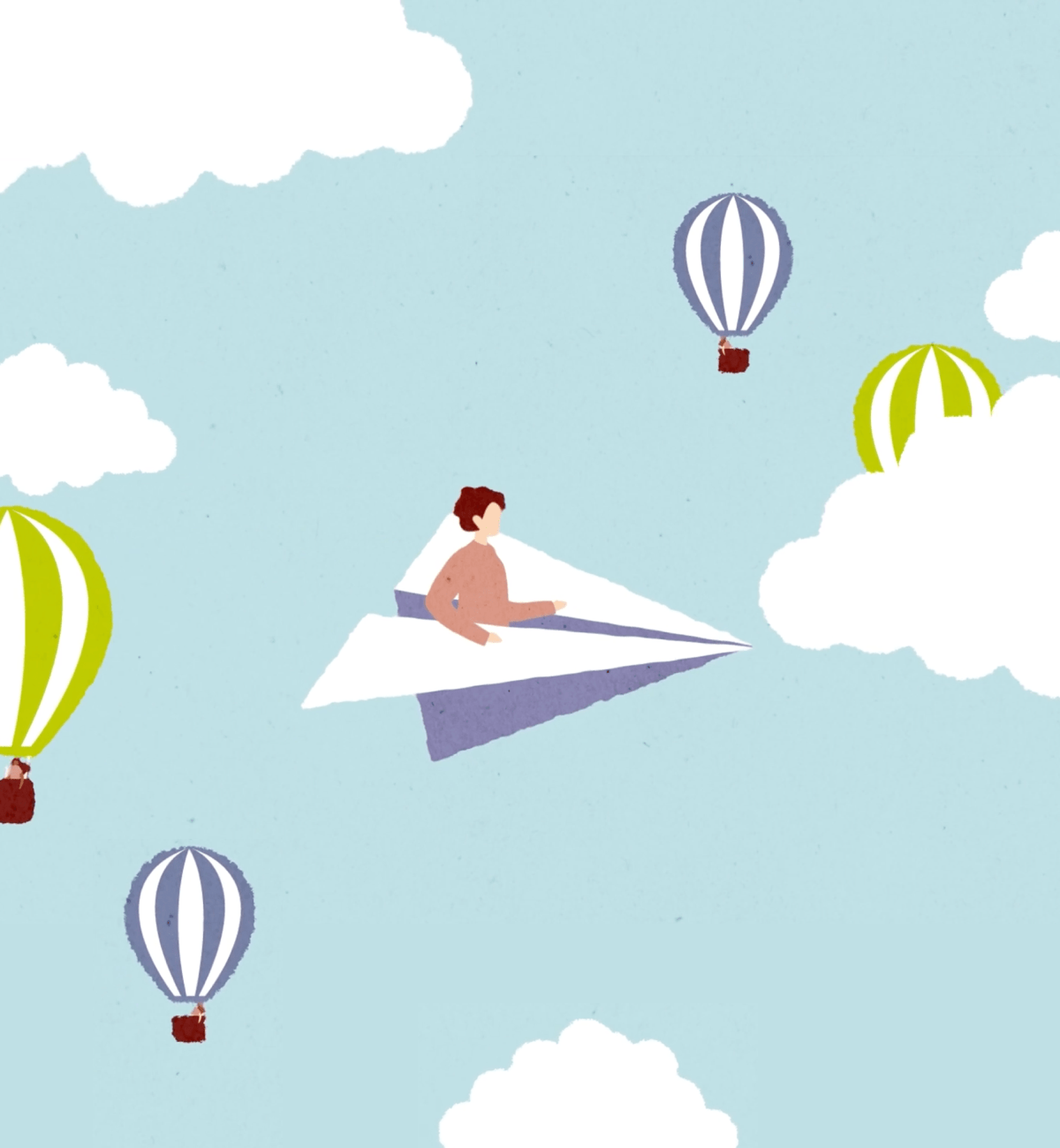A lady on a paper airplane flying through the sky